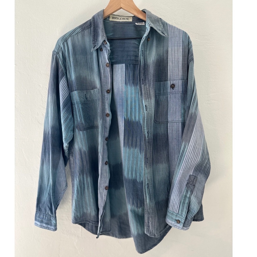 Vintage Bugle Boy Mens Blue Grey Striped Ikat Ombre LS Button Down Shirt Retro